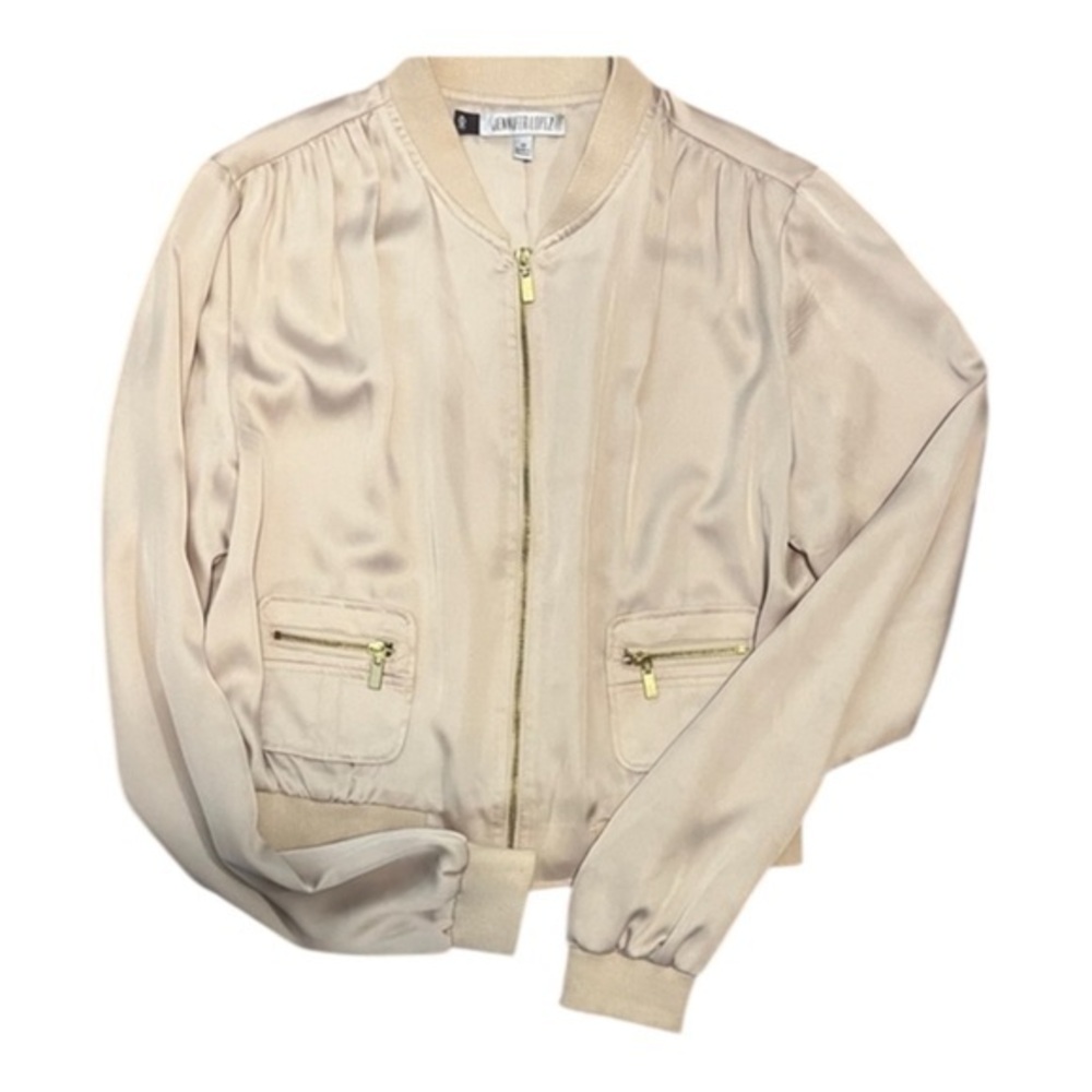 Jennifer Lopez Shiny Satin Zip Front Fully Lined Neutral Cream Bomber Jacket
